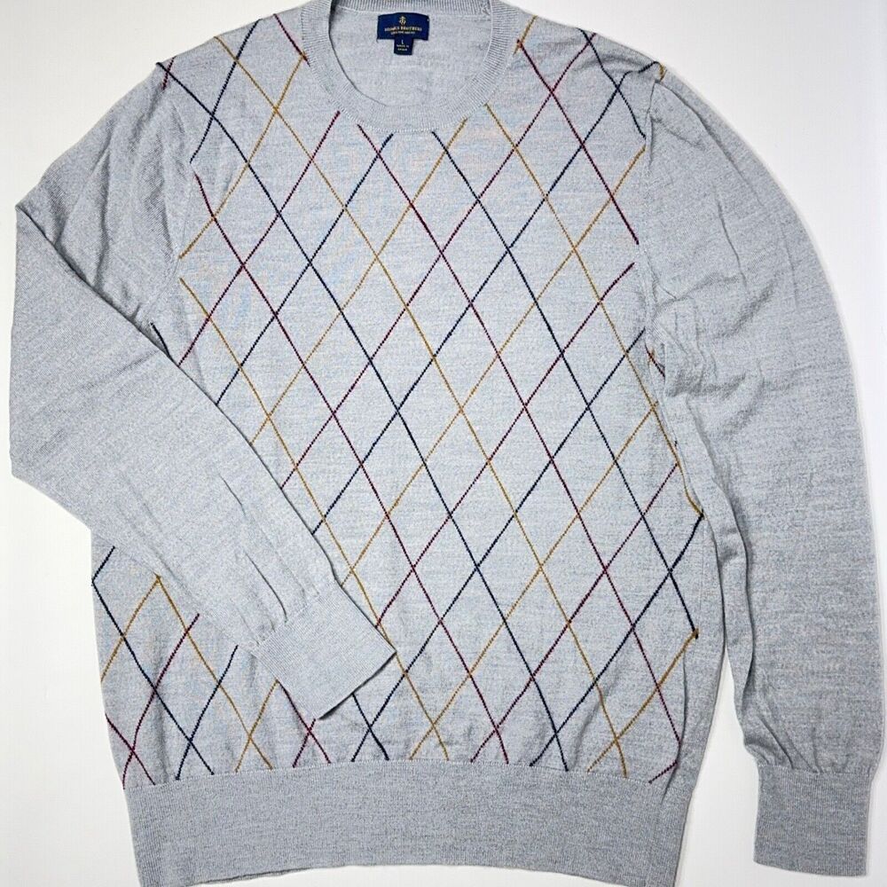 Brooks Brothers 100% Extra Fine Merino Wool Sweater Gray Argyle Men Size L (A5)